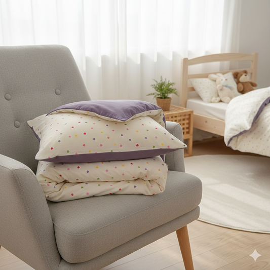 Bäddset Påslakanset FRIDA – Charmigt lila med hjärtan för barnsängen (150x200cm)