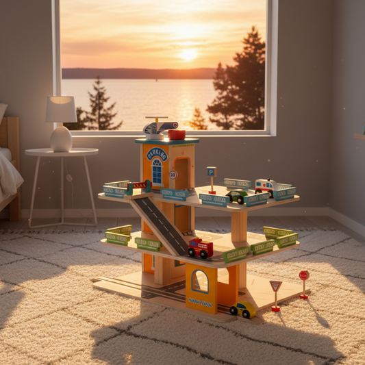 Leksaker Parkeringsgarage GARAGE i trä med tillbehör – Kreativ lek i flera våningar