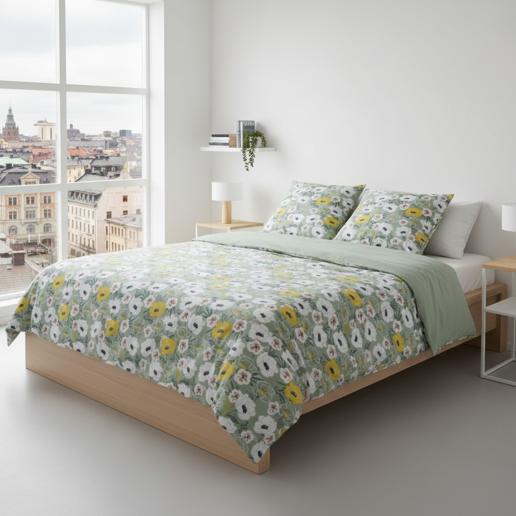 Påslakan Påslakanset SÖMNIG – Grönblommigt bäddset för en naturnära känsla (220 x 240 cm)