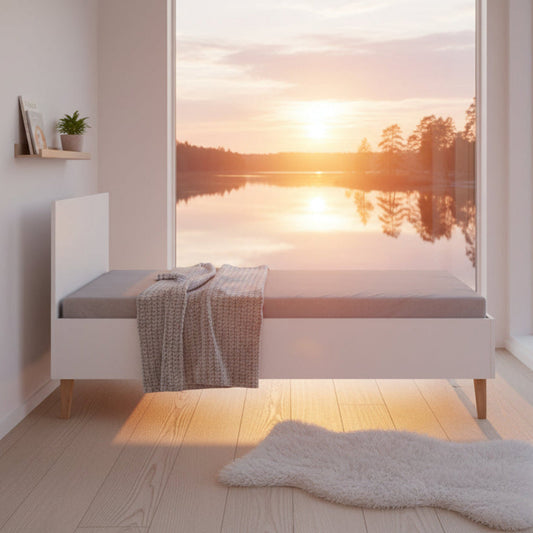 Säng Barnsäng vit KUBI – Skandinavisk design med ben i massiv ek (80 x 180 cm)