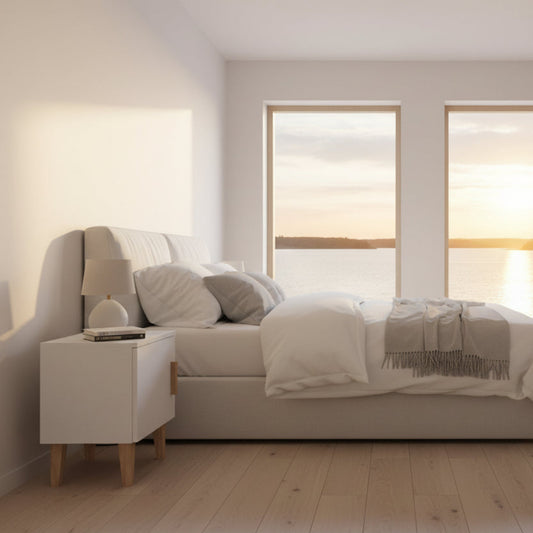 Sängbord Sängbord KUBI vit – Skandinavisk renhet med detaljer i massiv ek