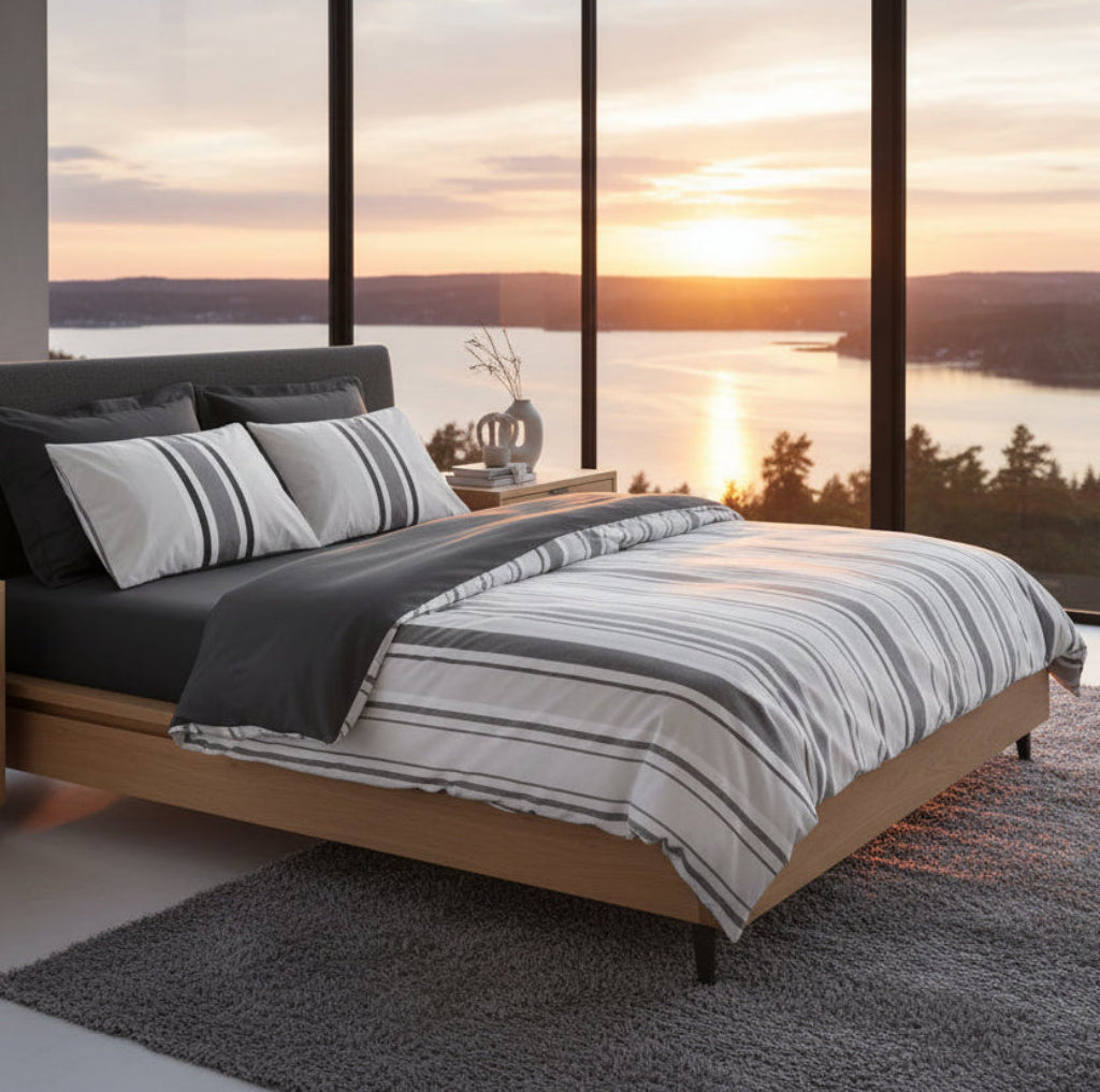 Bäddset Stilrent påslakanset NJUTER – i harmoniskt grått och vitt (220 x 240 cm)