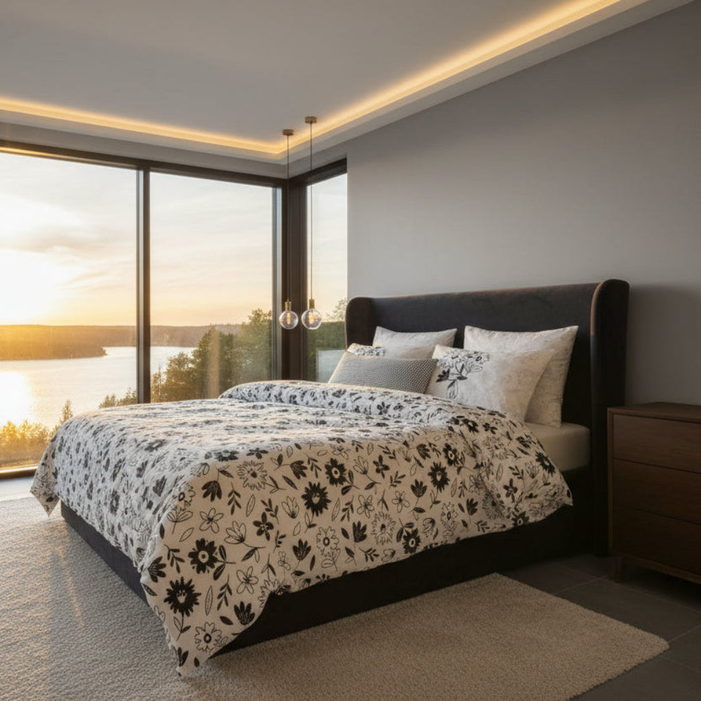 Bäddset Bäddset NJUTER – Stilrent påslakanset i grafisk svartvit design (220 x 240 cm)