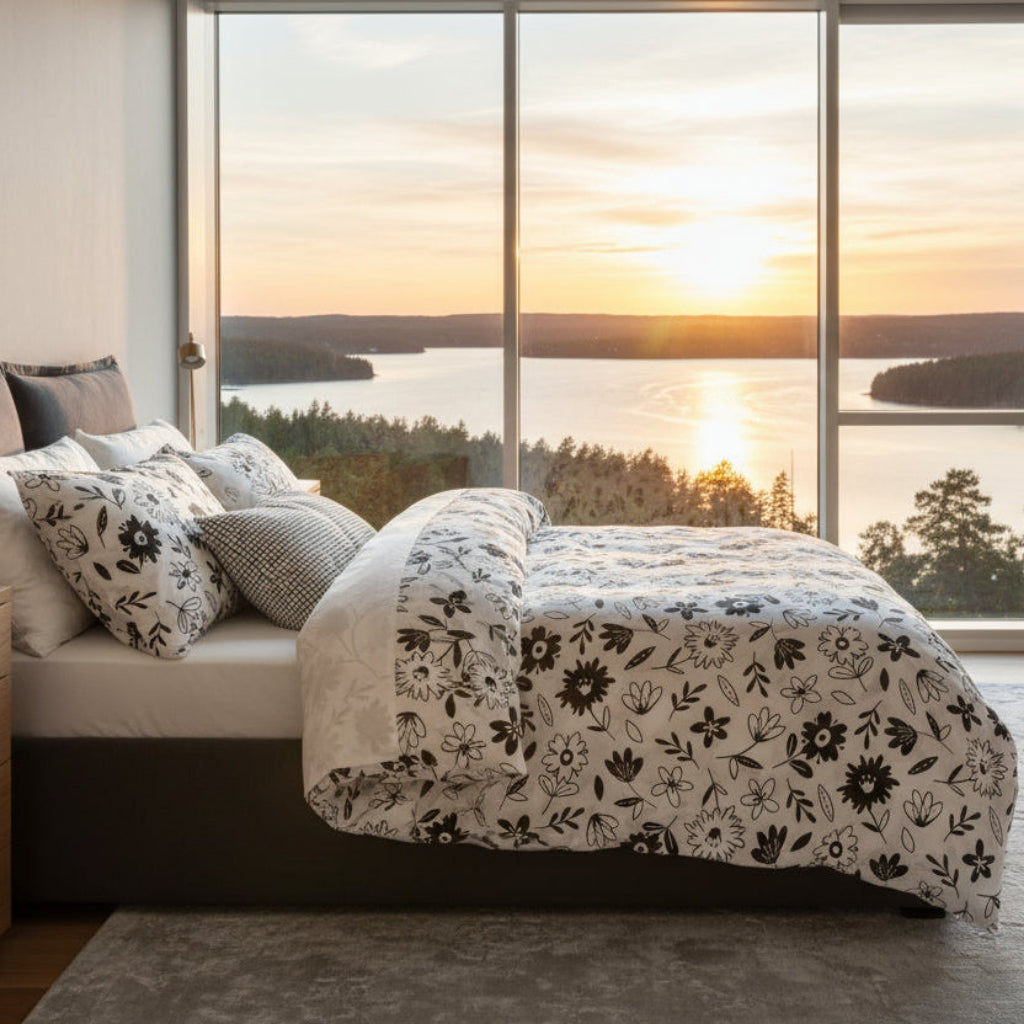 Bäddset Bäddset NJUTER – Stilrent påslakanset i grafisk svartvit design (220 x 240 cm)