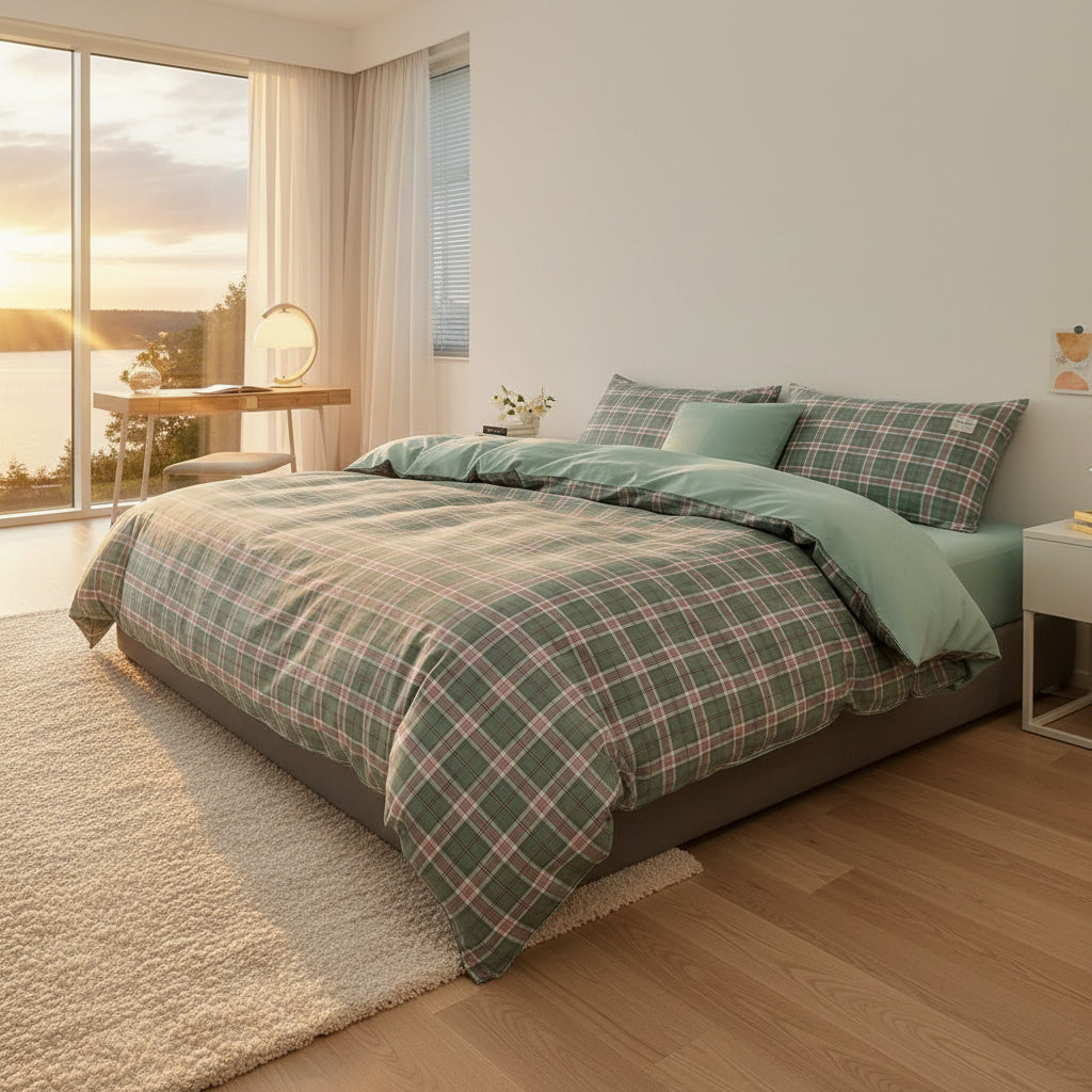 Bäddset Bäddset ZENTO 4 delar – Klassisk elegans i grönrutig design (150x200cm)