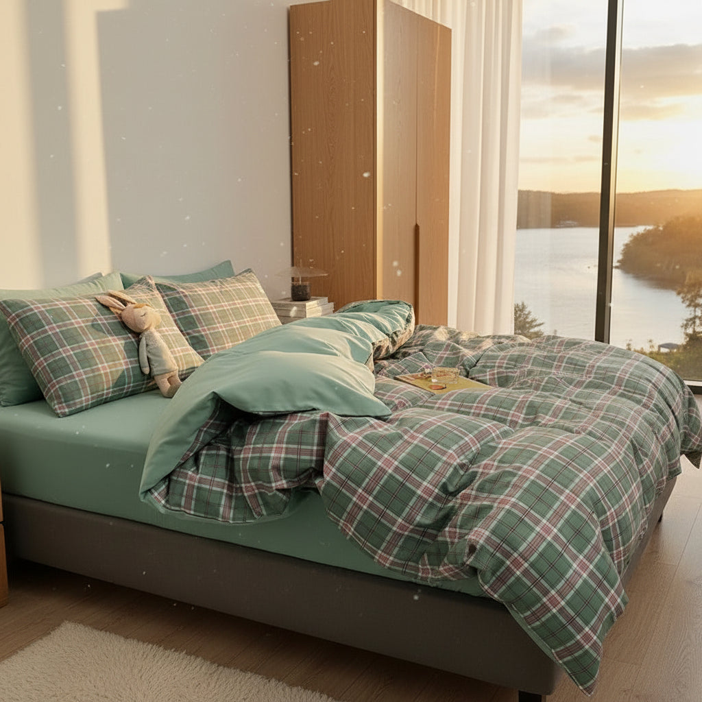 Bäddset Bäddset ZENTO 4 delar – Klassisk elegans i grönrutig design (150x200cm)