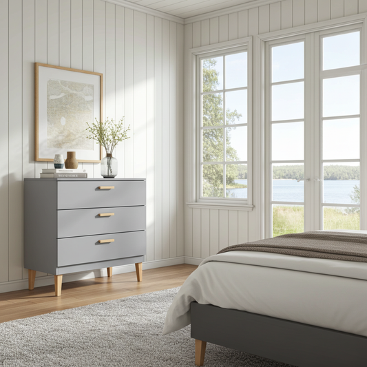 Byrå Byrå med 3 lådor KUBI grå – Skandinavisk design med ben i massiv ek