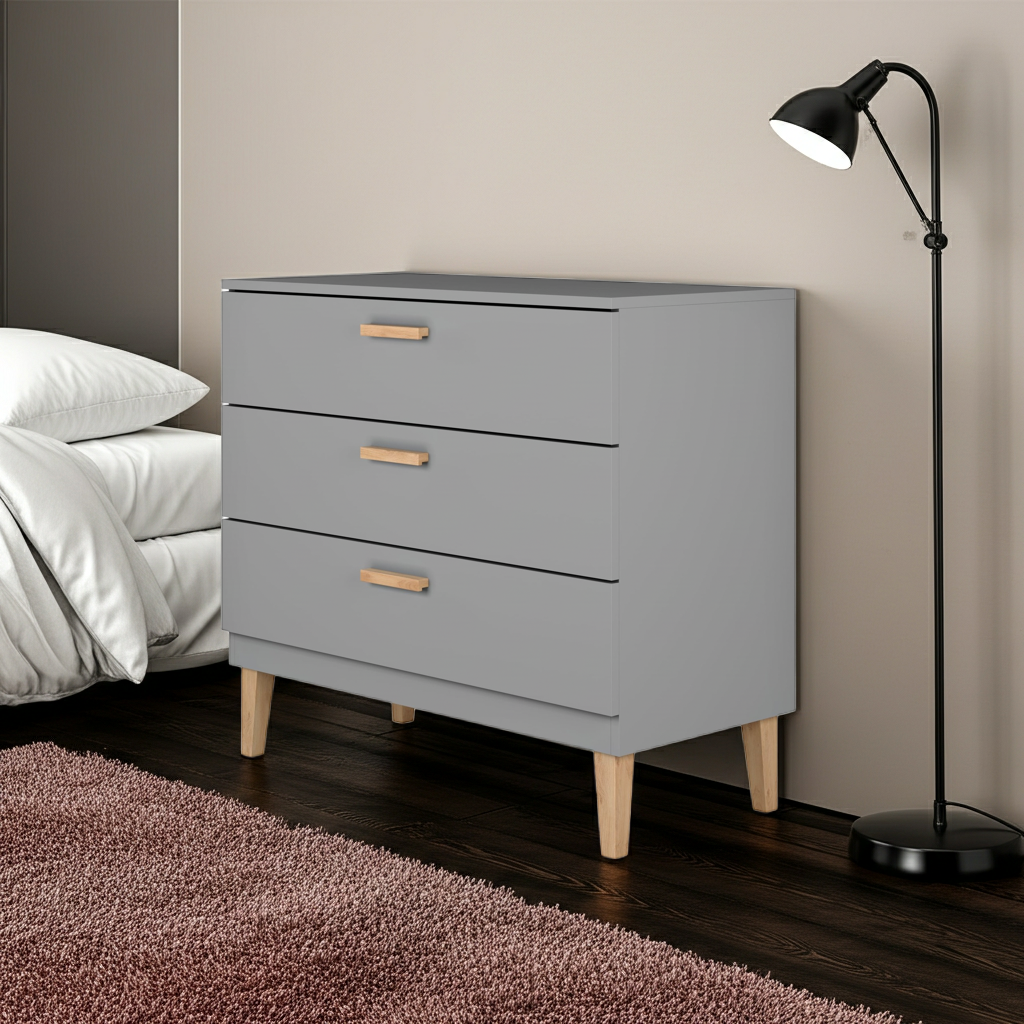 Byrå Byrå med 3 lådor KUBI grå – Skandinavisk design med ben i massiv ek