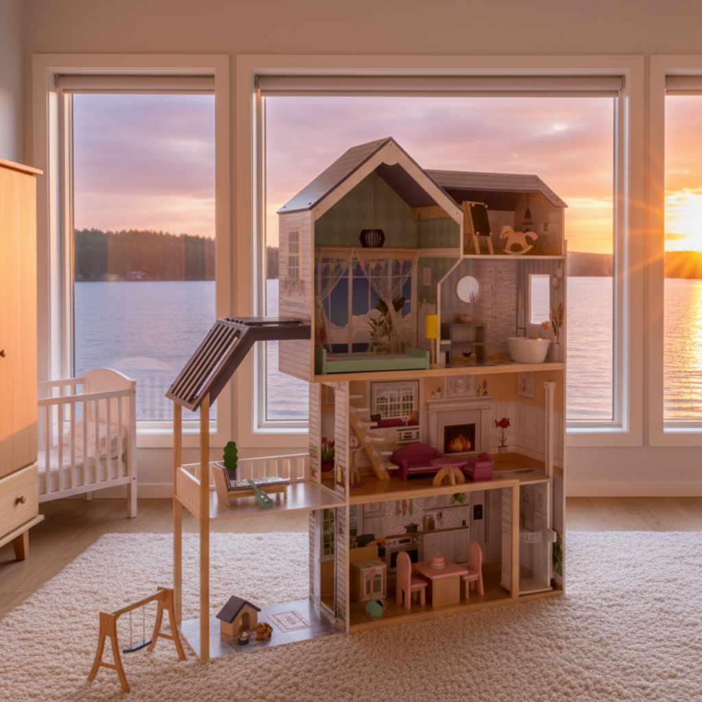 Dockhus Dockhus med belysning och tillbehör KRISTIN – En drömvärld i trä för kreativ lek (Höjd 138 cm)