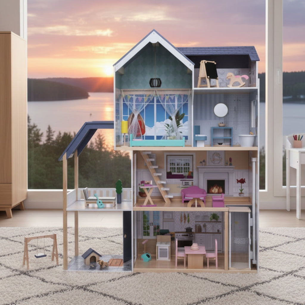 Dockhus Dockhus med belysning och tillbehör KRISTIN – En drömvärld i trä för kreativ lek (Höjd 138 cm)