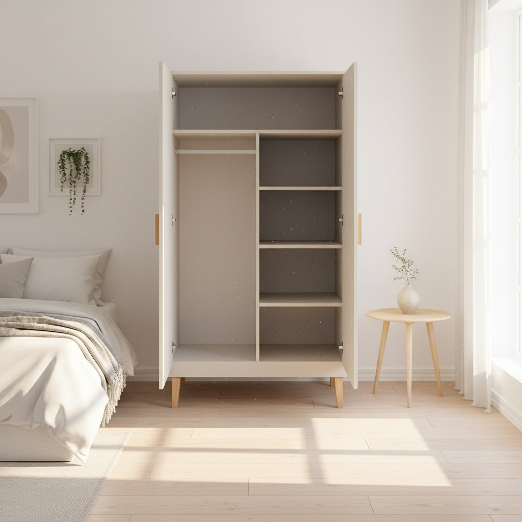 Garderob Garderob KUBI beige – Skandinavisk design med ben i massiv ek (100 x 184 cm)