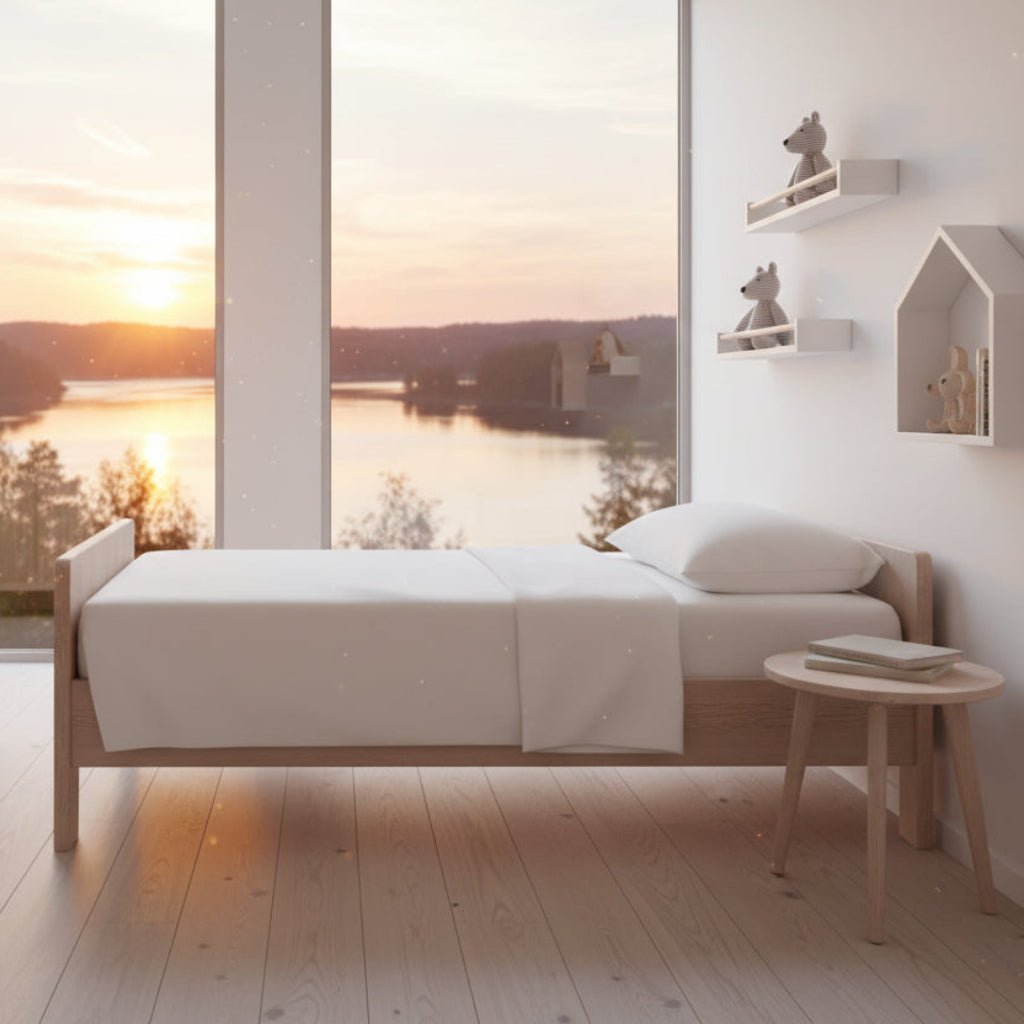 Underlakan Dra-på-lakan PASSA vit + brun – Mjukt och slitstarkt underlakan för barnsängen (70 x 140 cm)