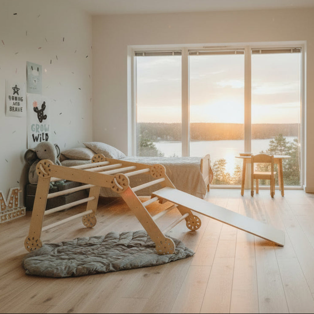 Klätterställning Klätterställning KLÄTTRA – Dubbelsidig med rutschkana och klättervägg i trä