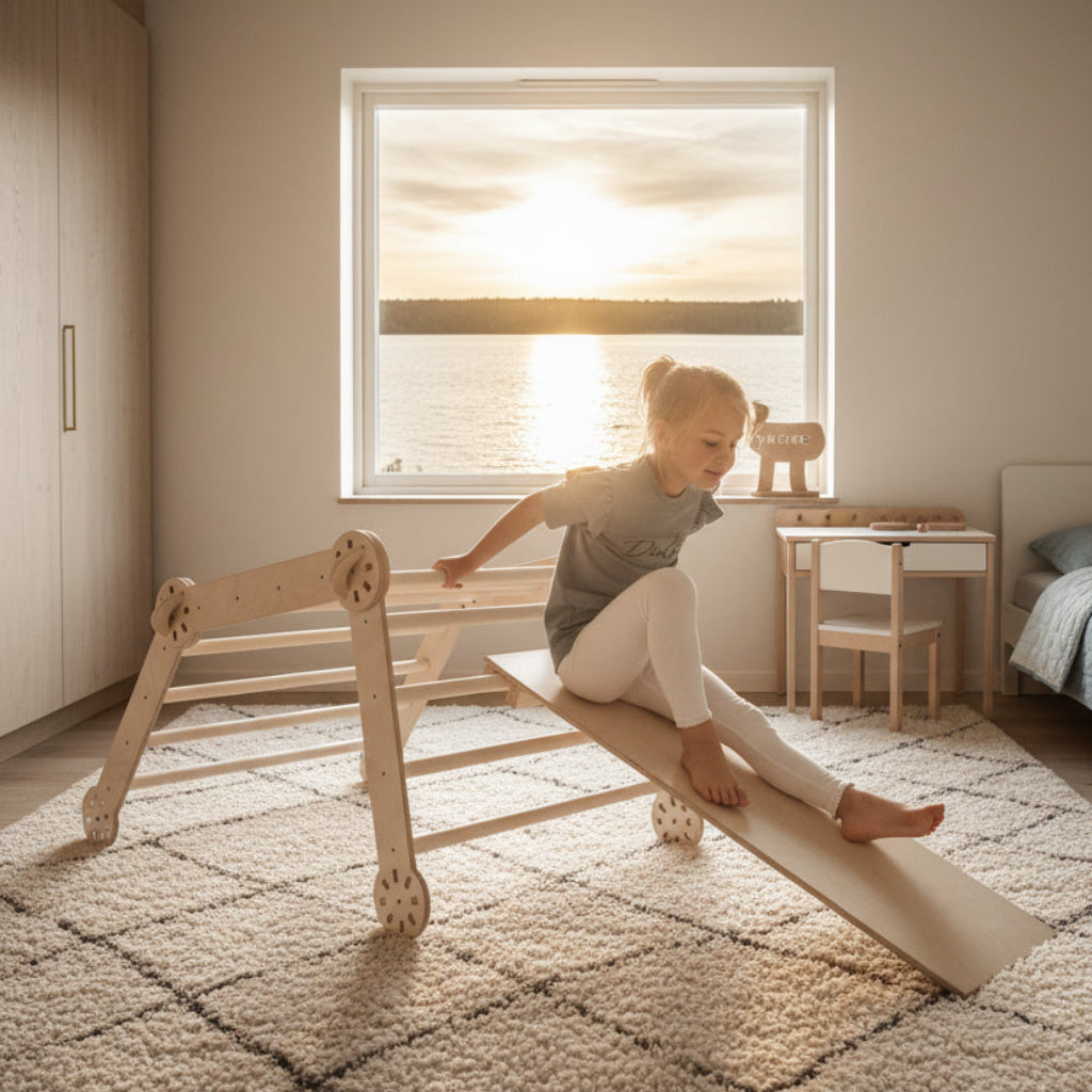 Klätterställning Klätterställning KLÄTTRA – Dubbelsidig med rutschkana och klättervägg i trä