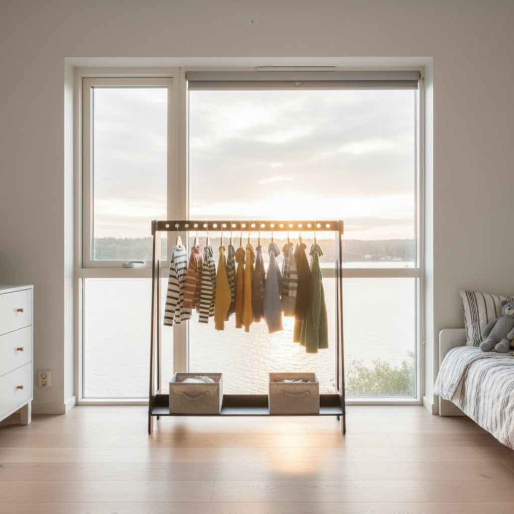 Klädhängare Klädställning RACK – Stilren klädhängare i ek och vitt för barnrummet