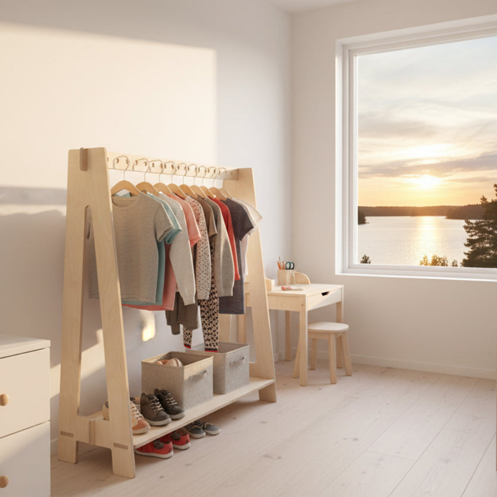 Klädhängare Klädställning RACK – Stilren klädhängare i ek och vitt för barnrummet