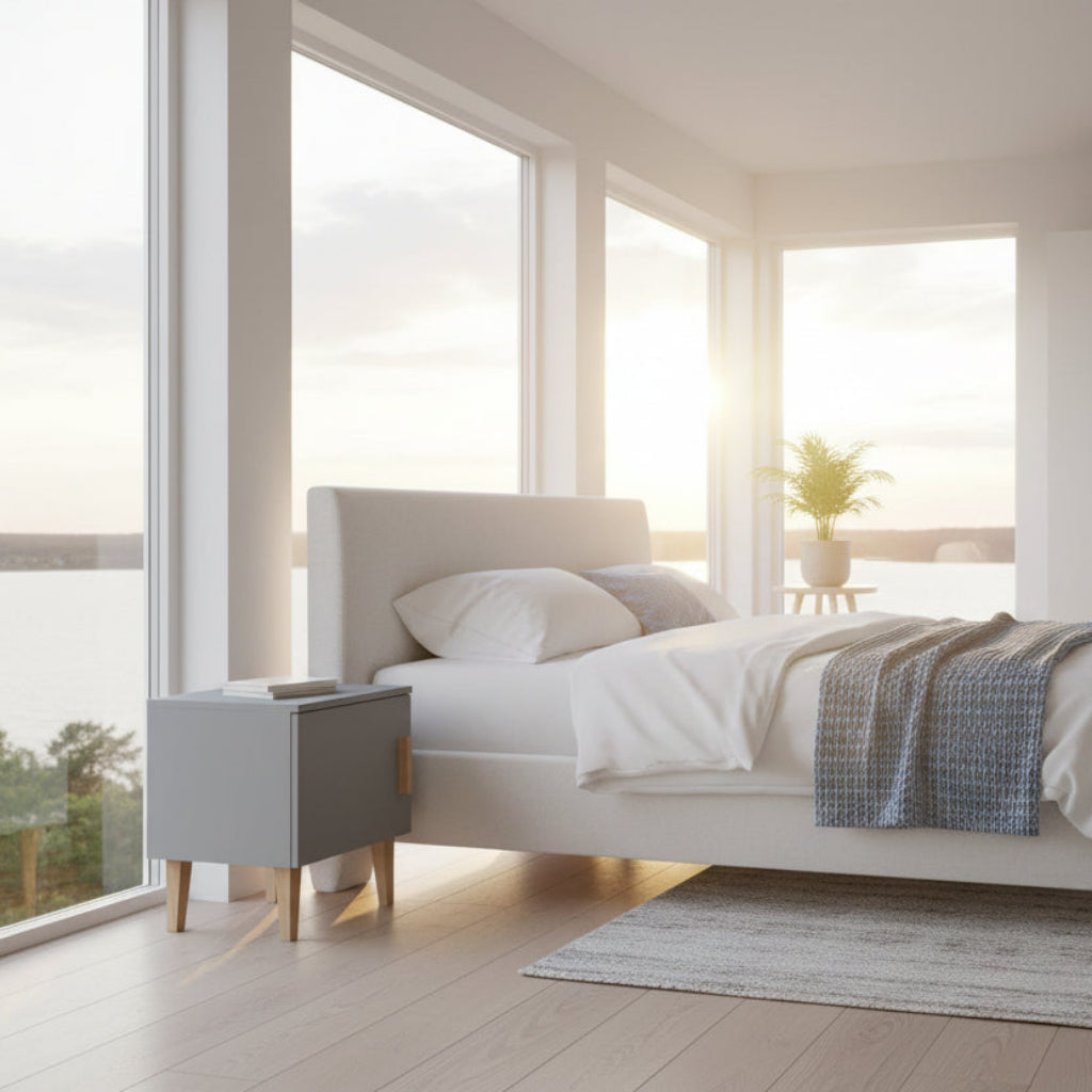 Sängbord Sängbord KUBI grå – Skandinavisk finess med detaljer i massiv ek