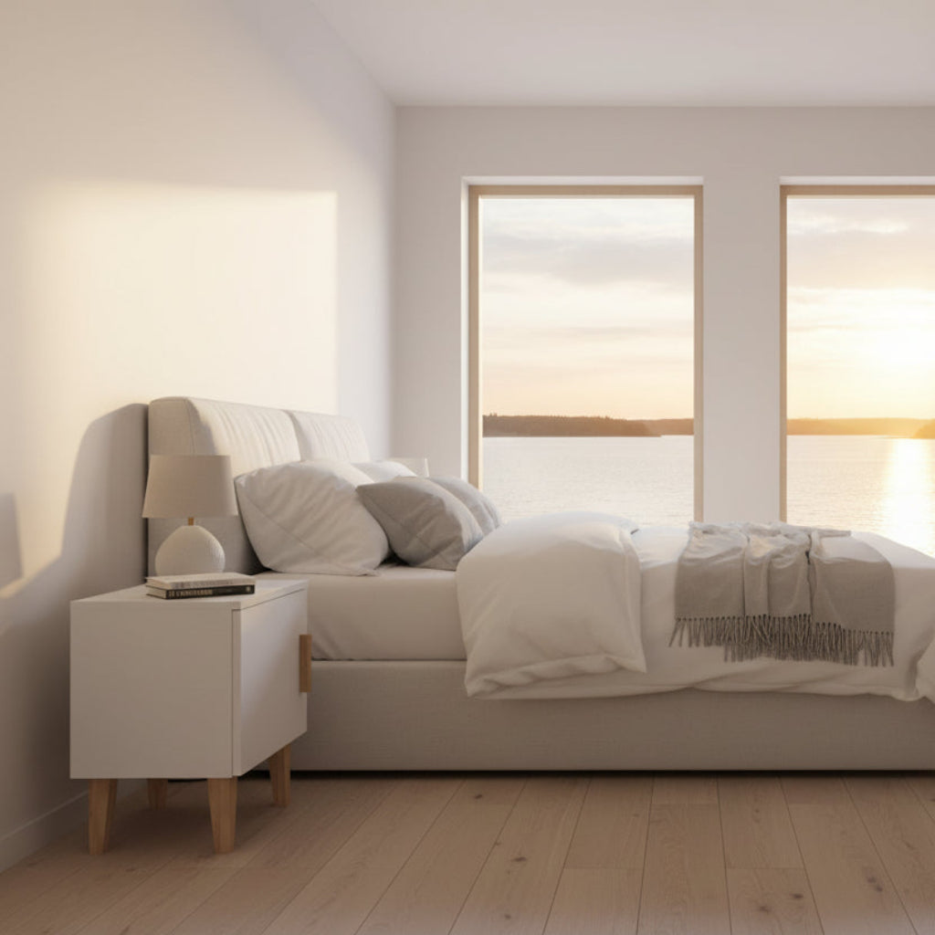 Sängbord Sängbord KUBI vit – Skandinavisk renhet med detaljer i massiv ek