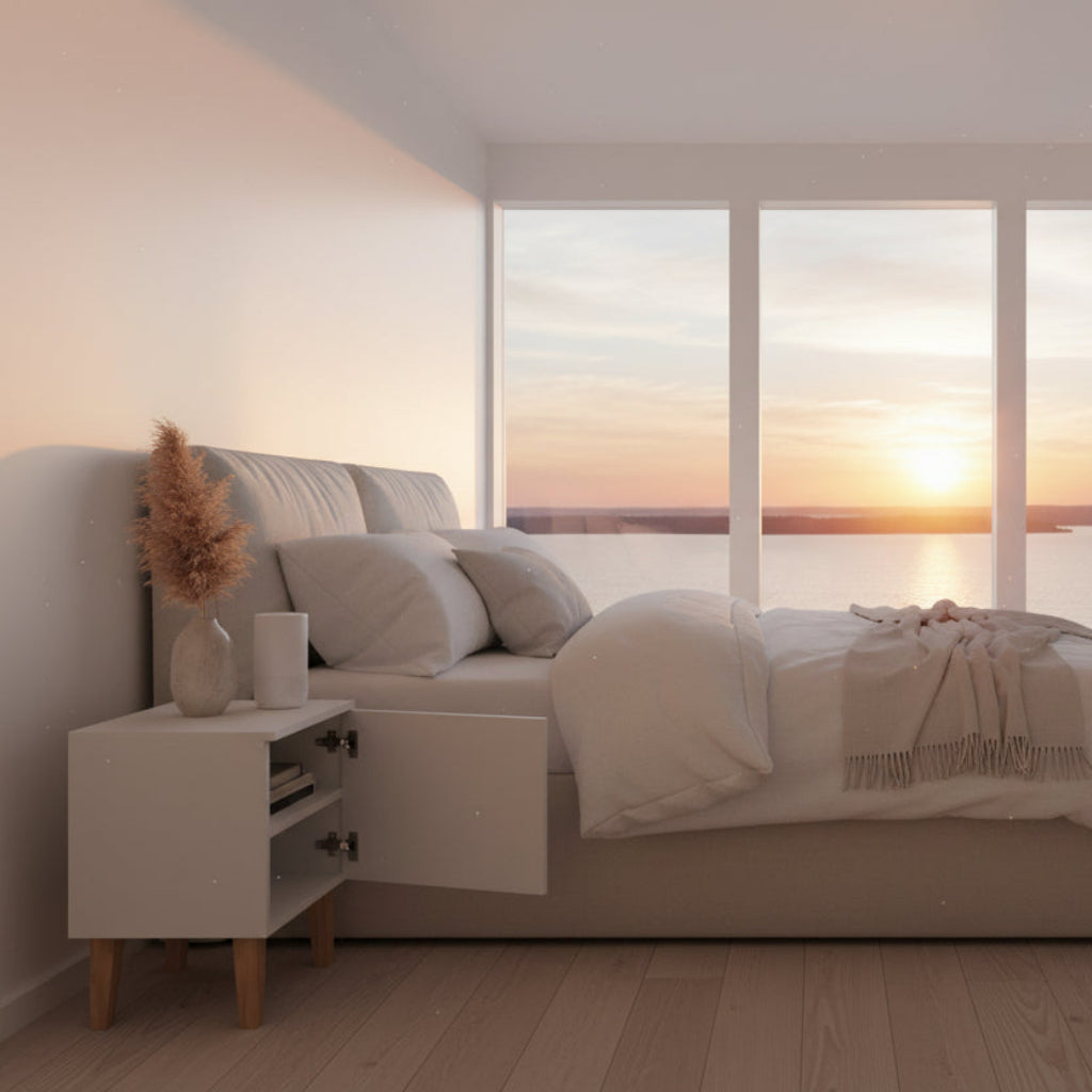 Sängbord Sängbord KUBI vit – Skandinavisk renhet med detaljer i massiv ek