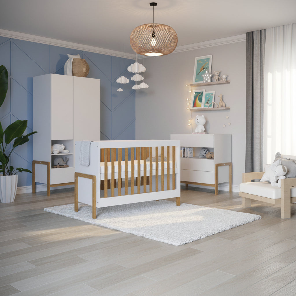 Spjälsäng Spjälsäng VIKTOR – Modern och trygg sovplats i vit finish och ek